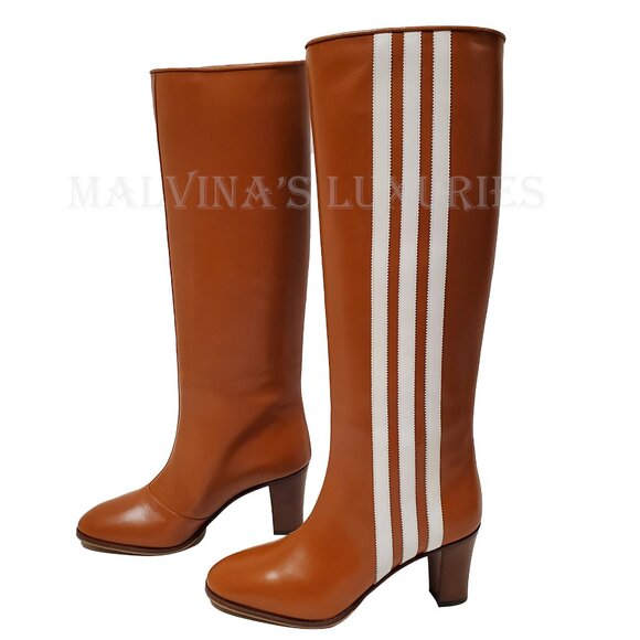 GUCCI BOOTS ADIDAS X KNEE HIGH STRIPE BROWN LEATHER  sz 38 8 US - Picture 6 of 16